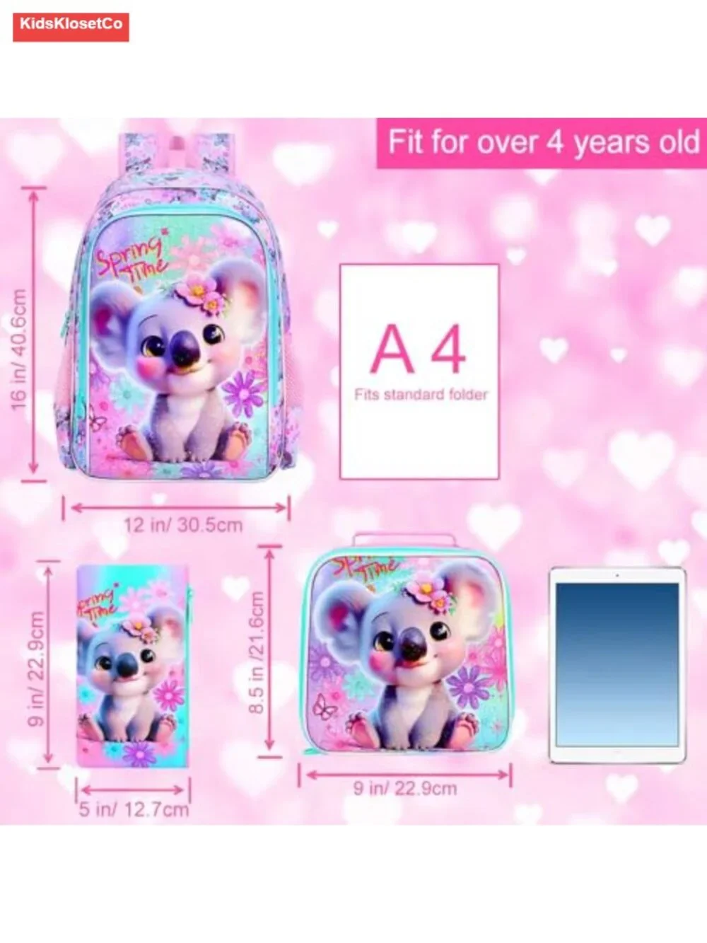 3PCS Girls Backpack Set with Lunch Box, Water Resistant School Bag